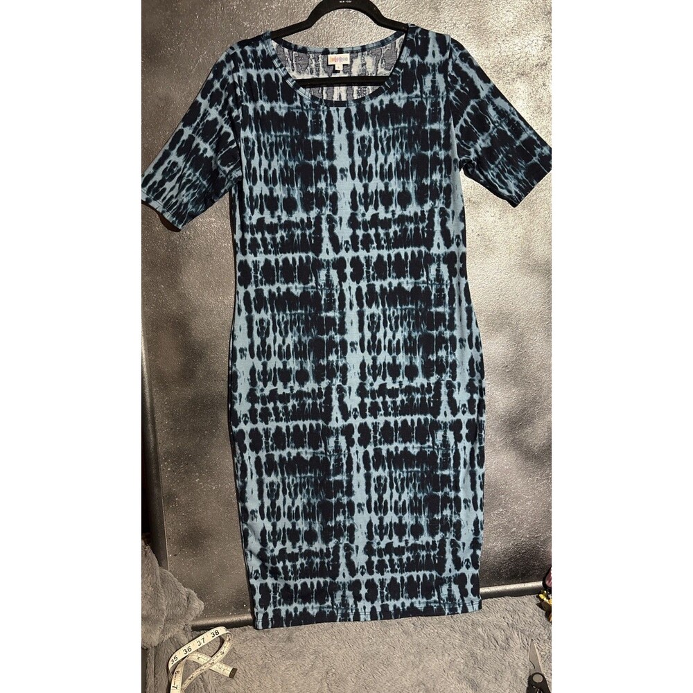 LuLaRoe Navy Light Blue Tie Dye 3/4 Sleeve Knit Dress L Hippie Psychedelic BOHO